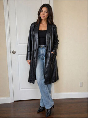 International Leather Collection Black Leather Trench Coat, Women's Size M